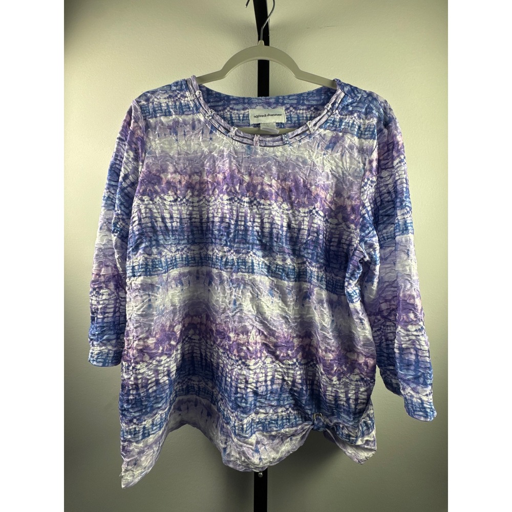Alfred Dunner Women Large Blue Purple Tie Dye Crinkle 3/4 Sleeve Blouse Top
